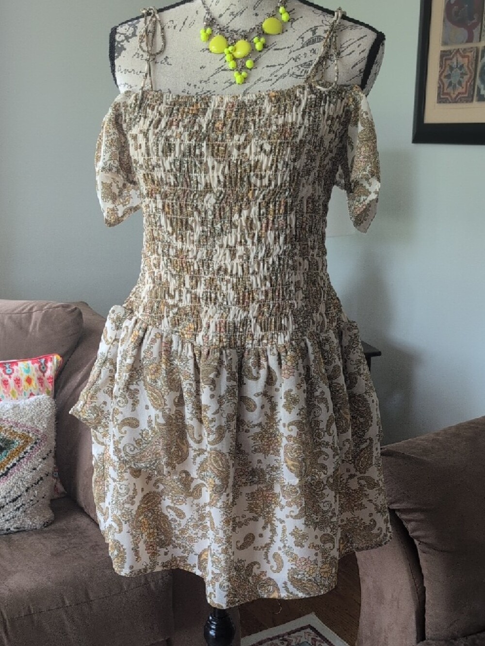 ASOS Beige Paisley Off/On shoulder Smocked Mini Dress with Gold Accents🌸